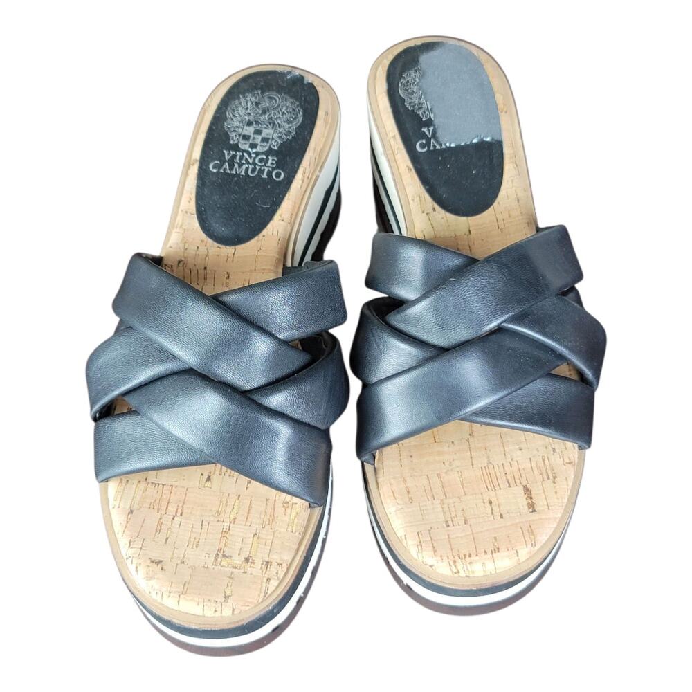 Vince Camuto Vivistie Wedge Slide Sandals Black‎ Leather Women's Size 9M